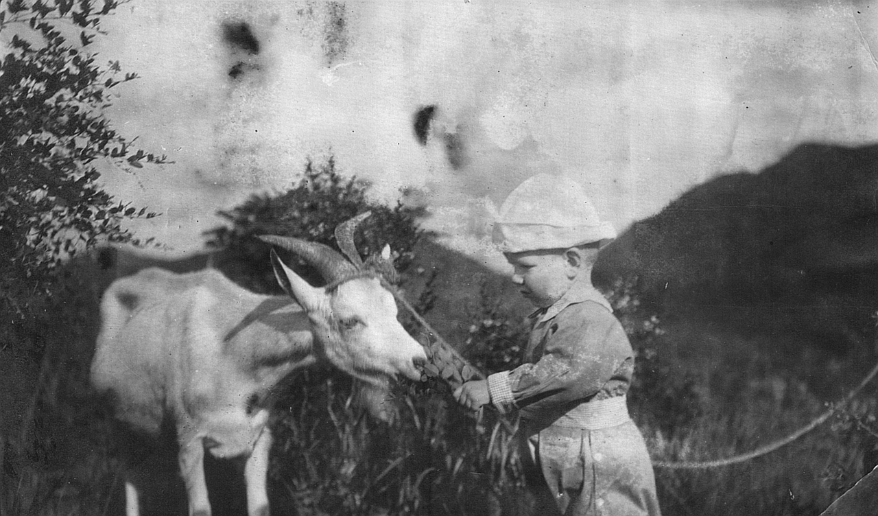 Harold Stambaugh Robinson with goat in Gwantzeling, circa 1920