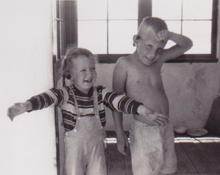 PAR and BAR wearing cherries on south front porch of Cozy Cottage, circa 1955