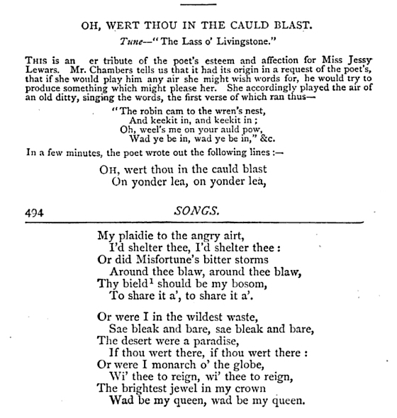 OH, WERT THOU IN THE CAULD BLAST. Tune--``The Lass o' Livingstone.''