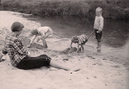 Ann Berson with SRR, PAR, and BAR, at pond north of Cozy Cottage, circa 1955